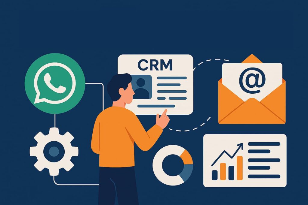 Equipe acompanhando processos em sistema de gestão integrado com WhatsApp, CRM e ERP para reduzir retrabalho.