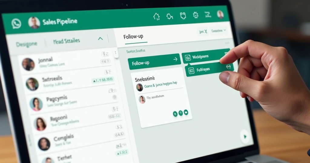 Plataforma de atendimento organizando follow-up pelo WhatsApp com lembretes e oportunidades comerciais.